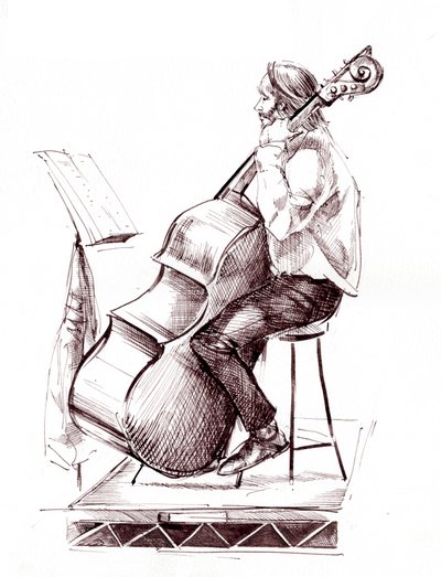 Double bassist - ink drawing of a member of the City of Birmingham Symphony Orchestra playing the double bass by Neale Osborne